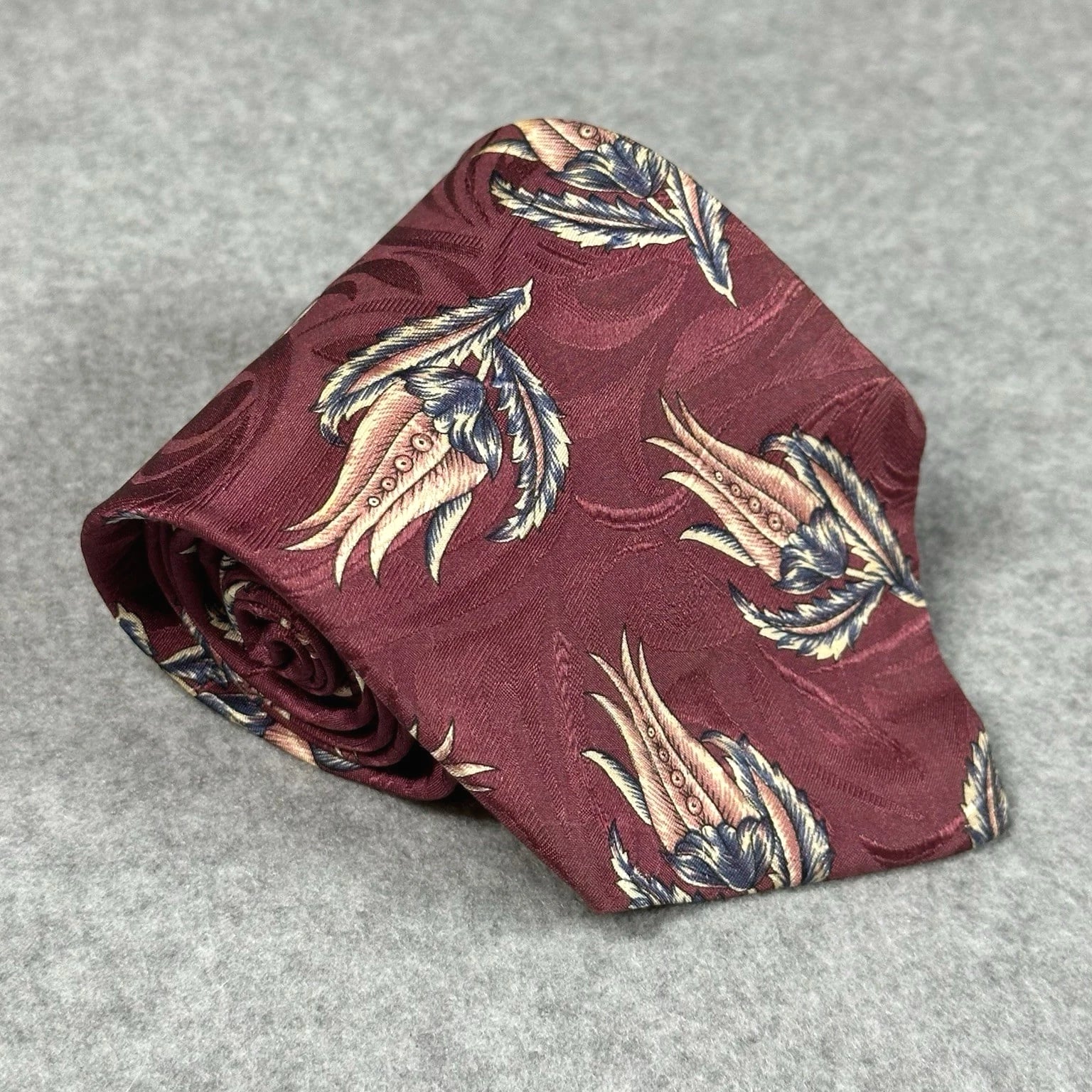 Vintage B Altman Silk Tie, Burgundy Floral Narrow 90s Mens Necktie 58x3.75in