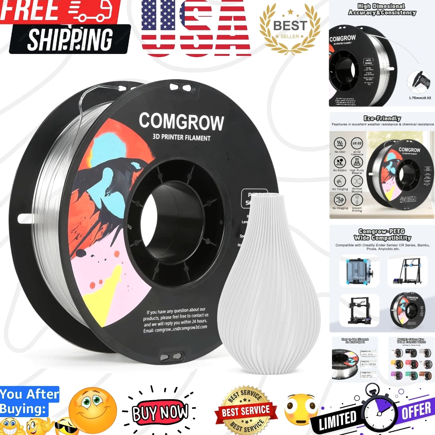 PETG 3D Printer Filament 1.75mm - High Precision, Tough 3D Printer Filament...