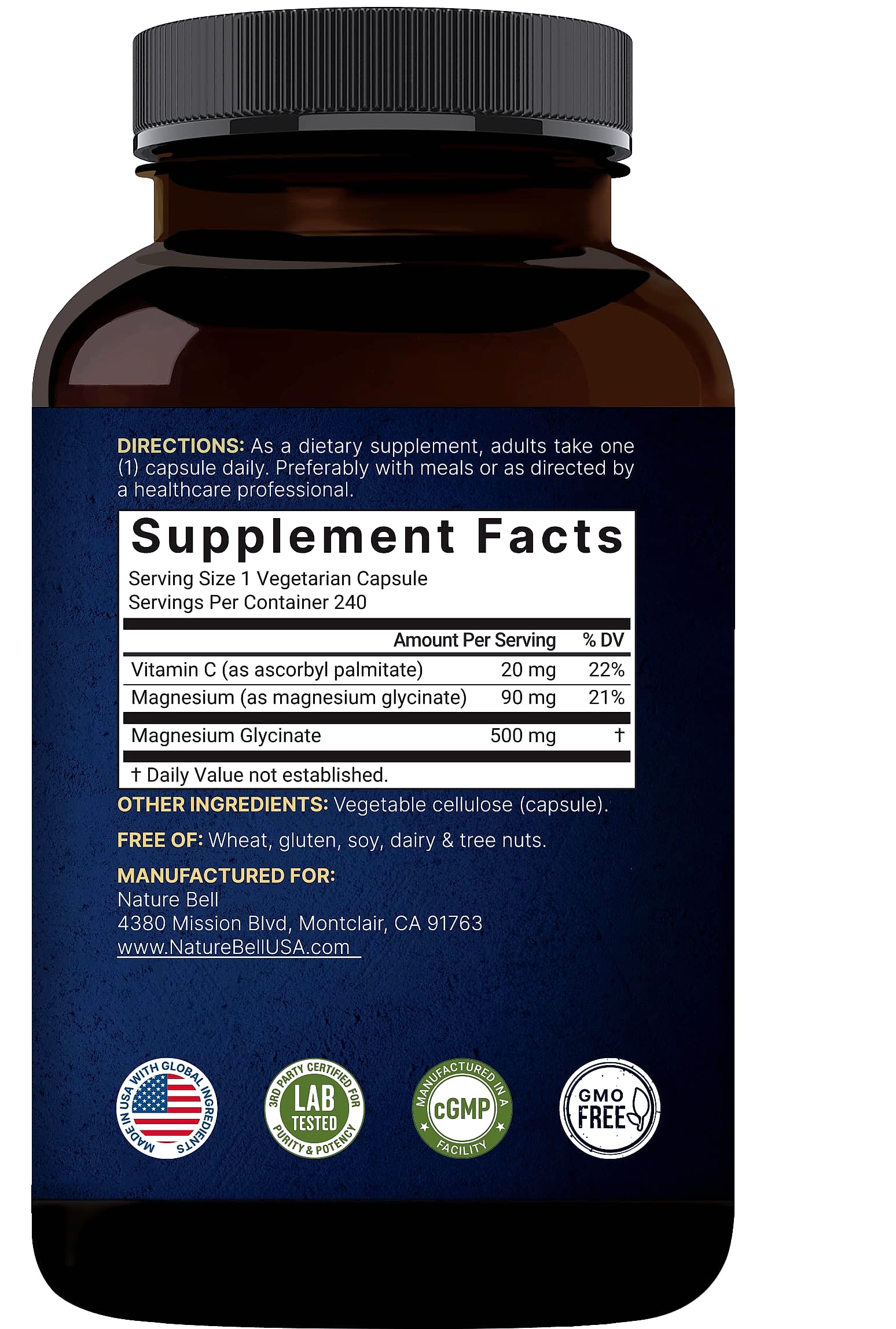 NatureBell Magnesium Glycinate 500mg, 240 Veggie Capsules