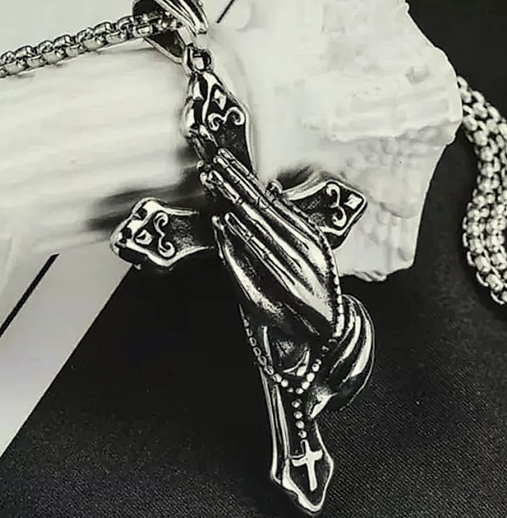 Stainless Steel Prayer Hands Cross Pendant Necklace