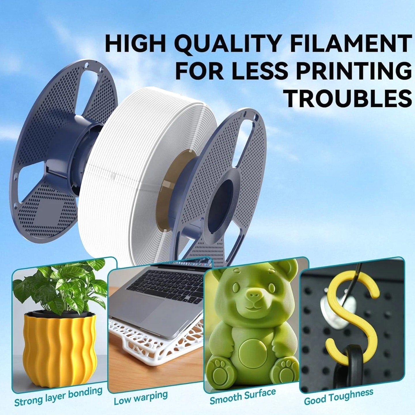4 Black PLA Filament Spools - 1.75mm, 4kg, Smooth Quality Prints