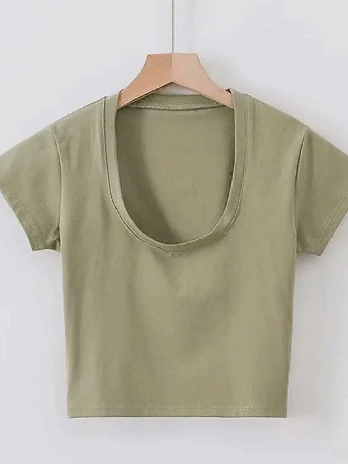 Dozw U-Neck Crop Top High Waist Women's Casual T-Shirt