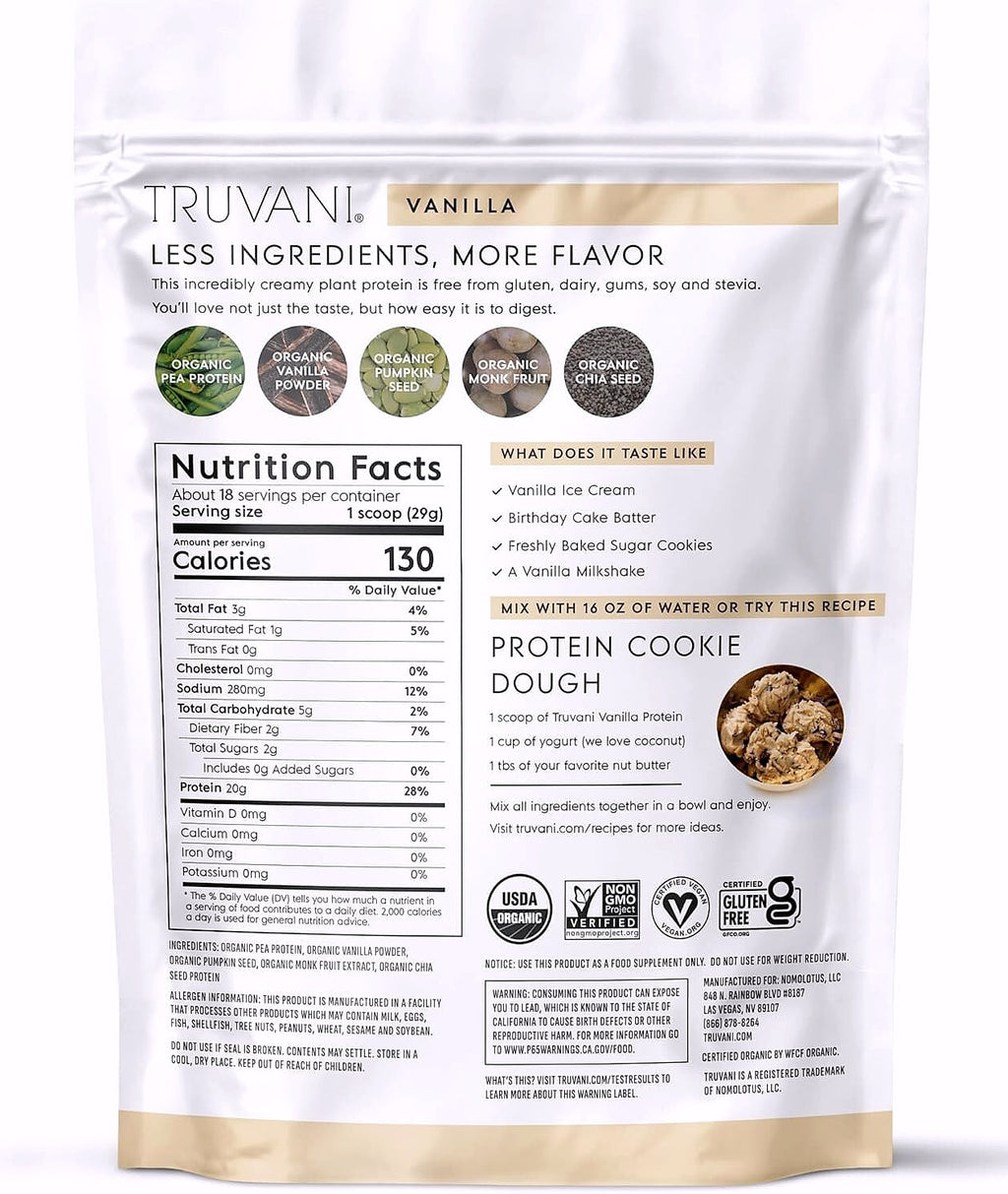 Truvani Organic Plant Based Protein Powder Vanilla 20g Pea
