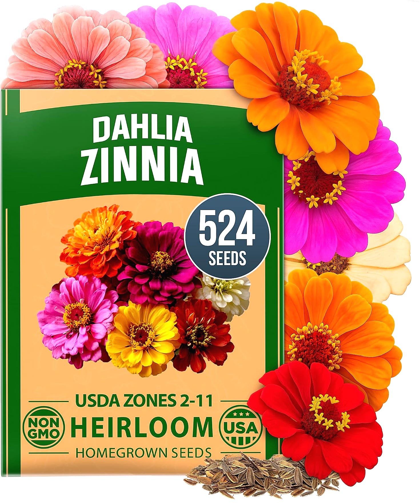 HOME GROWN Zinnia Dahlia Seeds 524 Pack Non-GMO Flowers