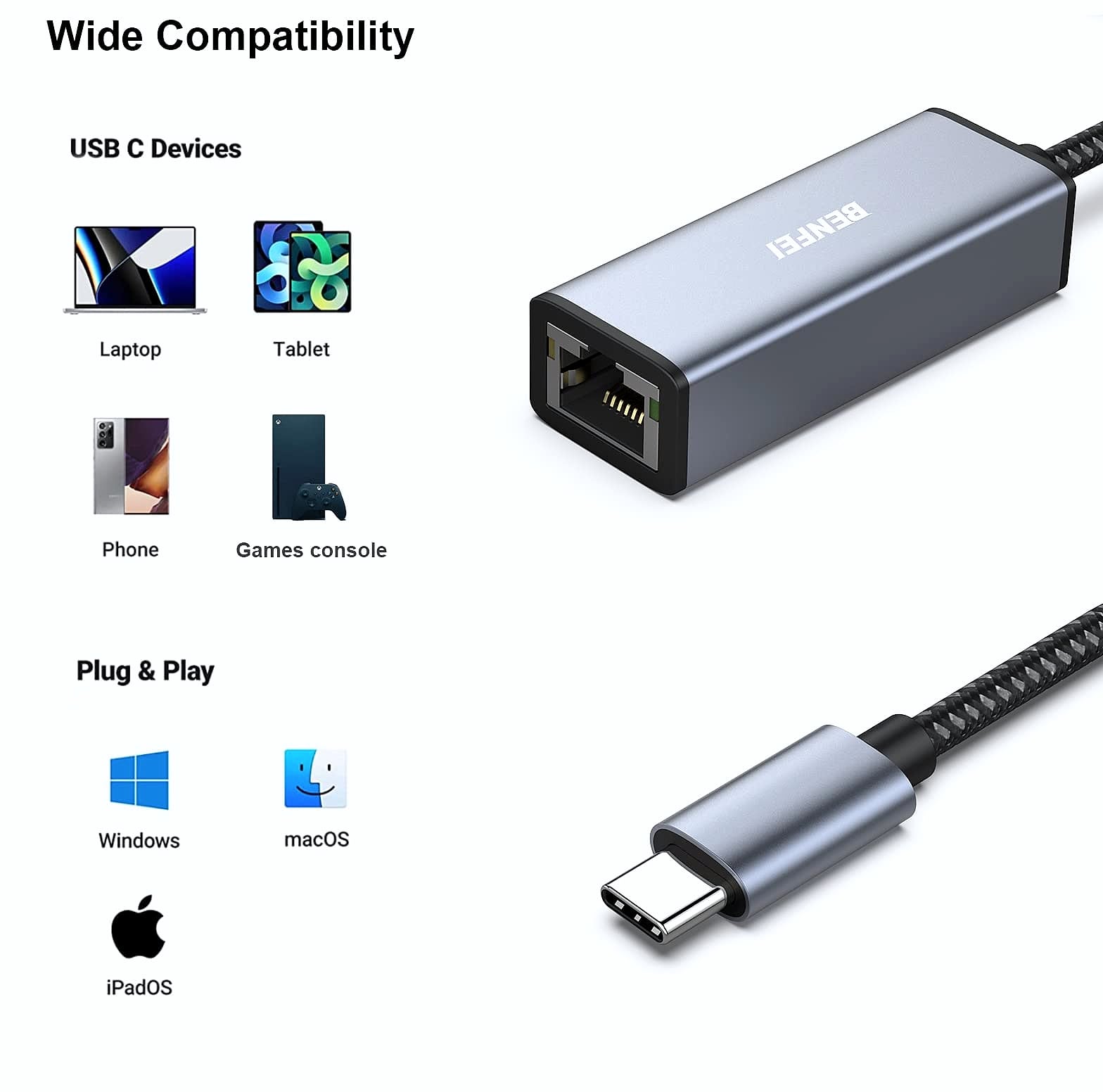BENFEI USB-C to Ethernet Adapter, Gigabit RJ45