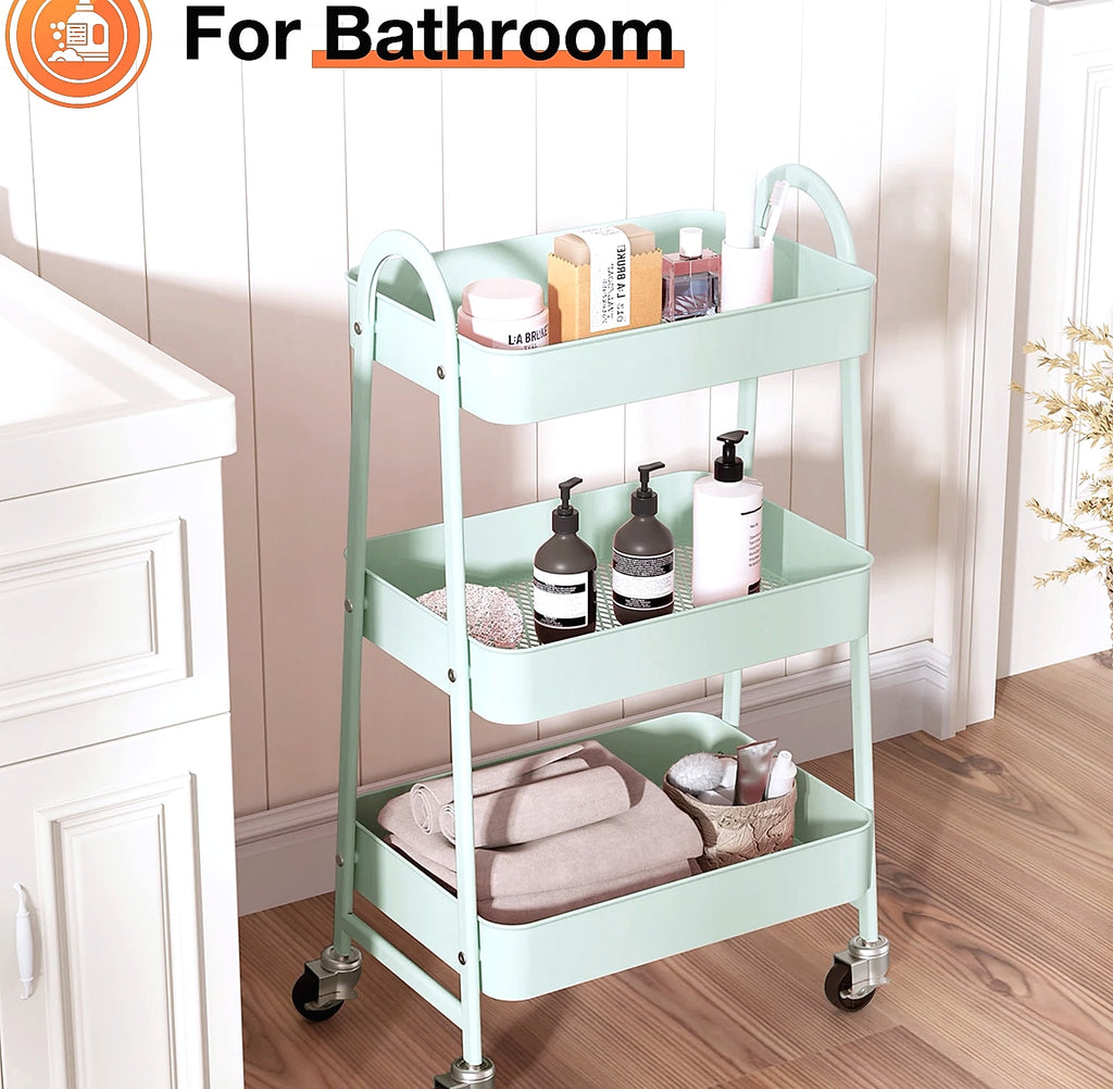3-Tier Rolling Storage Cart Metal Kitchen Bathroom Organizer 16.9" x 12.2" x 30.9"