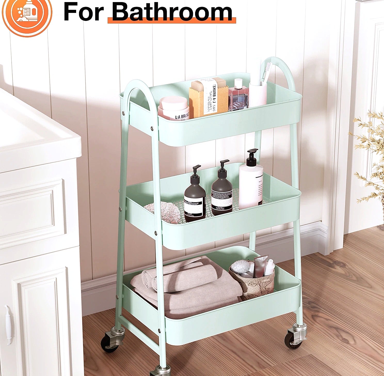 3-Tier Rolling Storage Cart Metal Kitchen Bathroom Organizer 16.9" x 12.2" x 30.9"