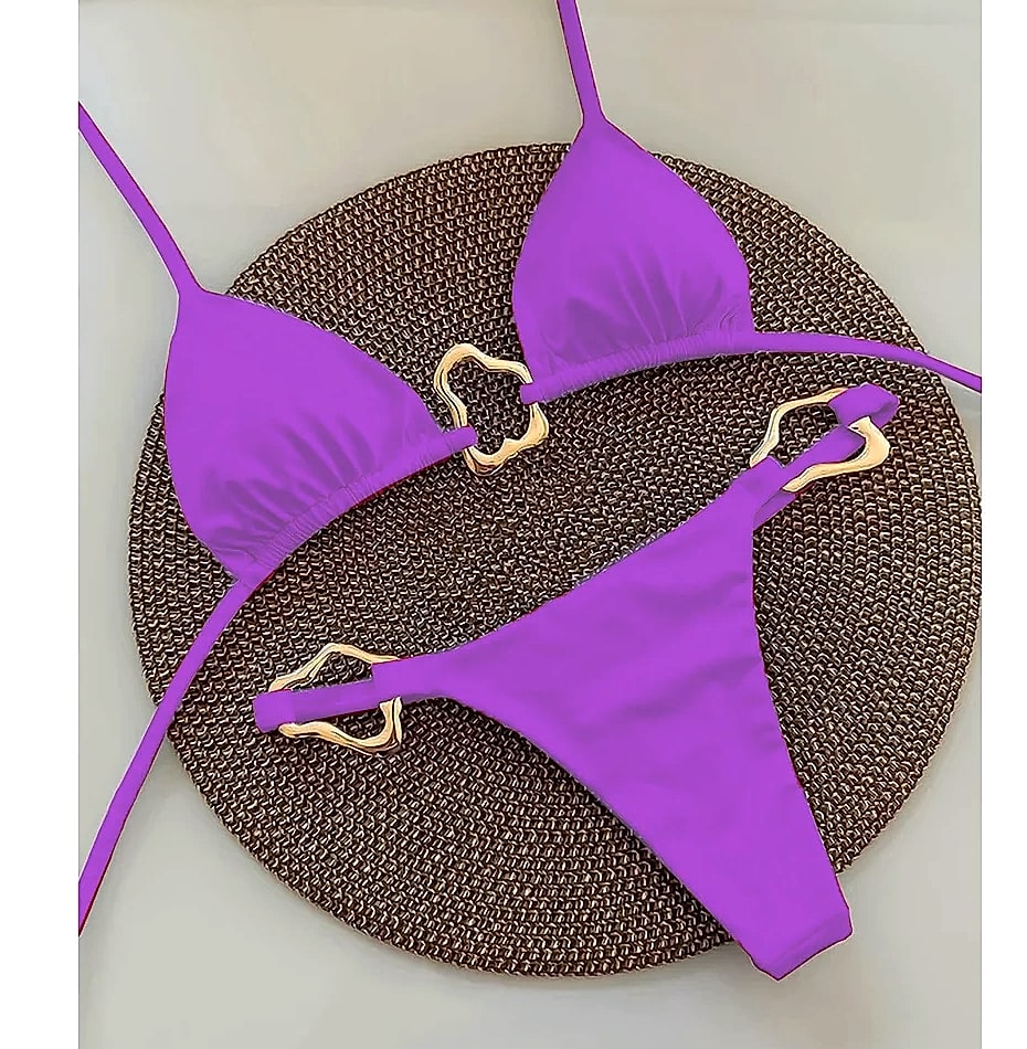 Lace-up Solid Color Two-piece Bikini Swimsuit for Women
