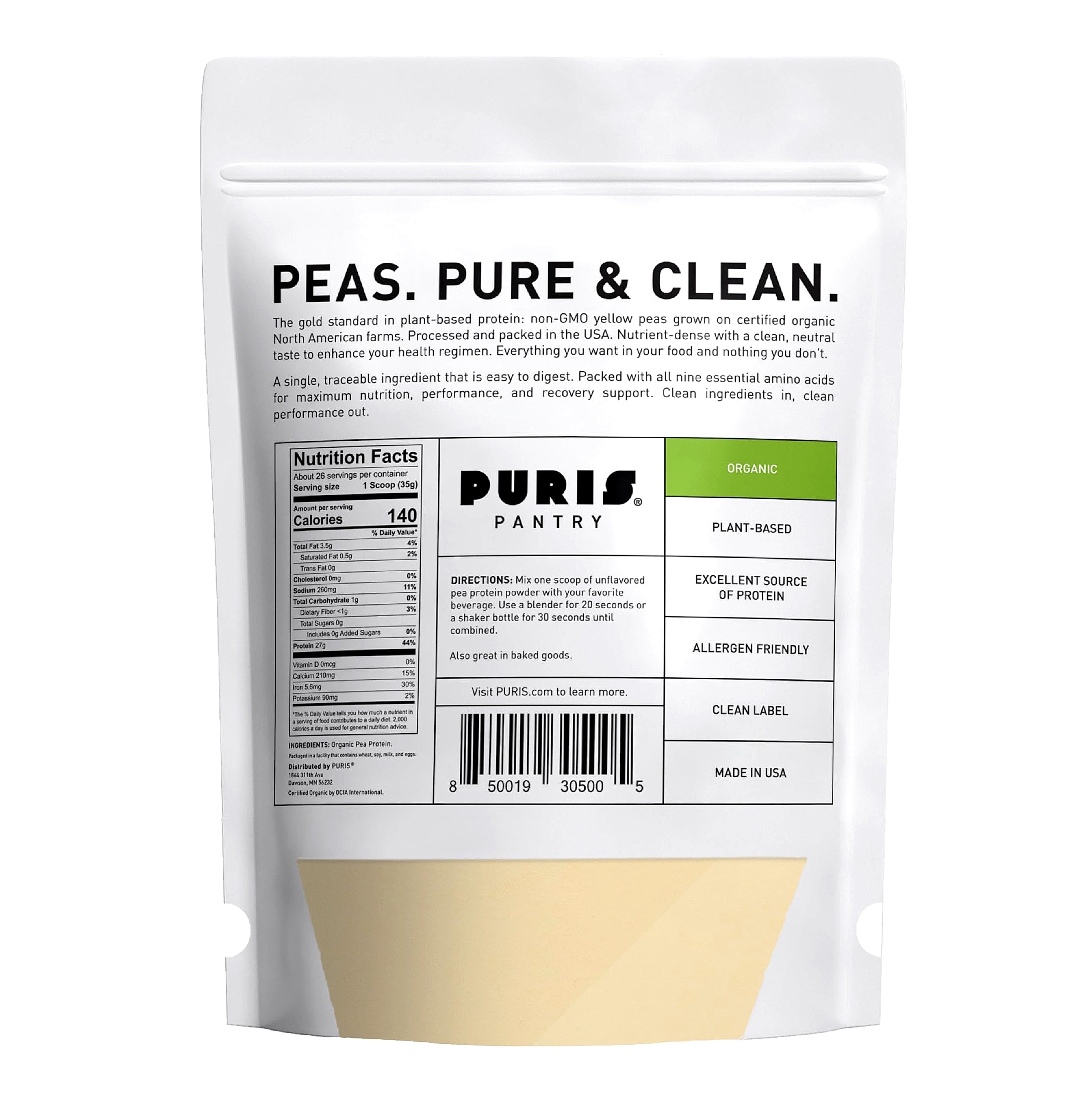 PURIS Organic Pea Protein Powder, 27g Plant Protein Vegan
