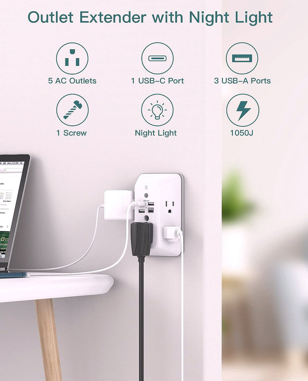 Addtam 5-Outlet Surge Protector with 4 USB Ports and Night Light