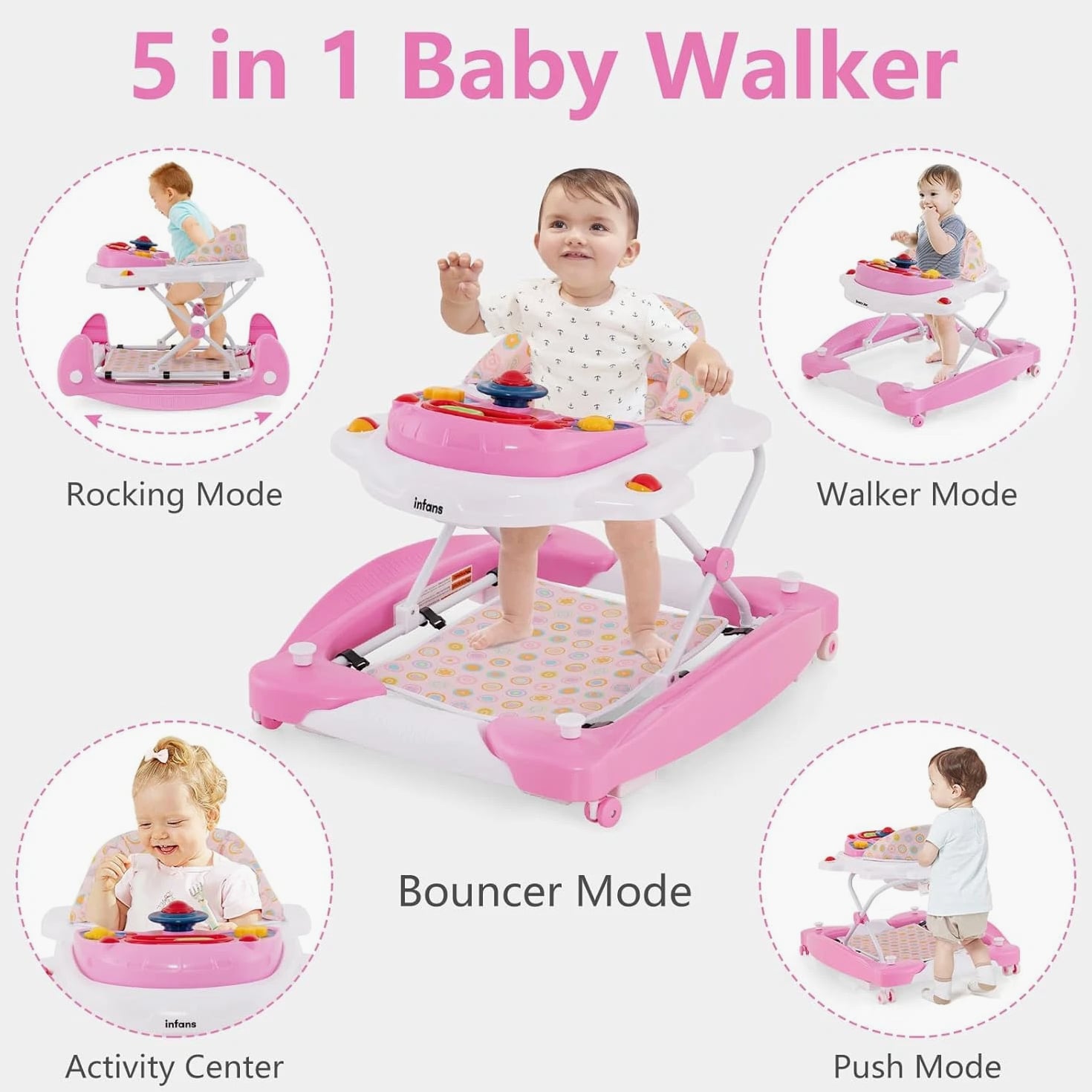 Baby Walker, 5 in 1 behind Walker Learning Seated Rocker Bouncer with Removable