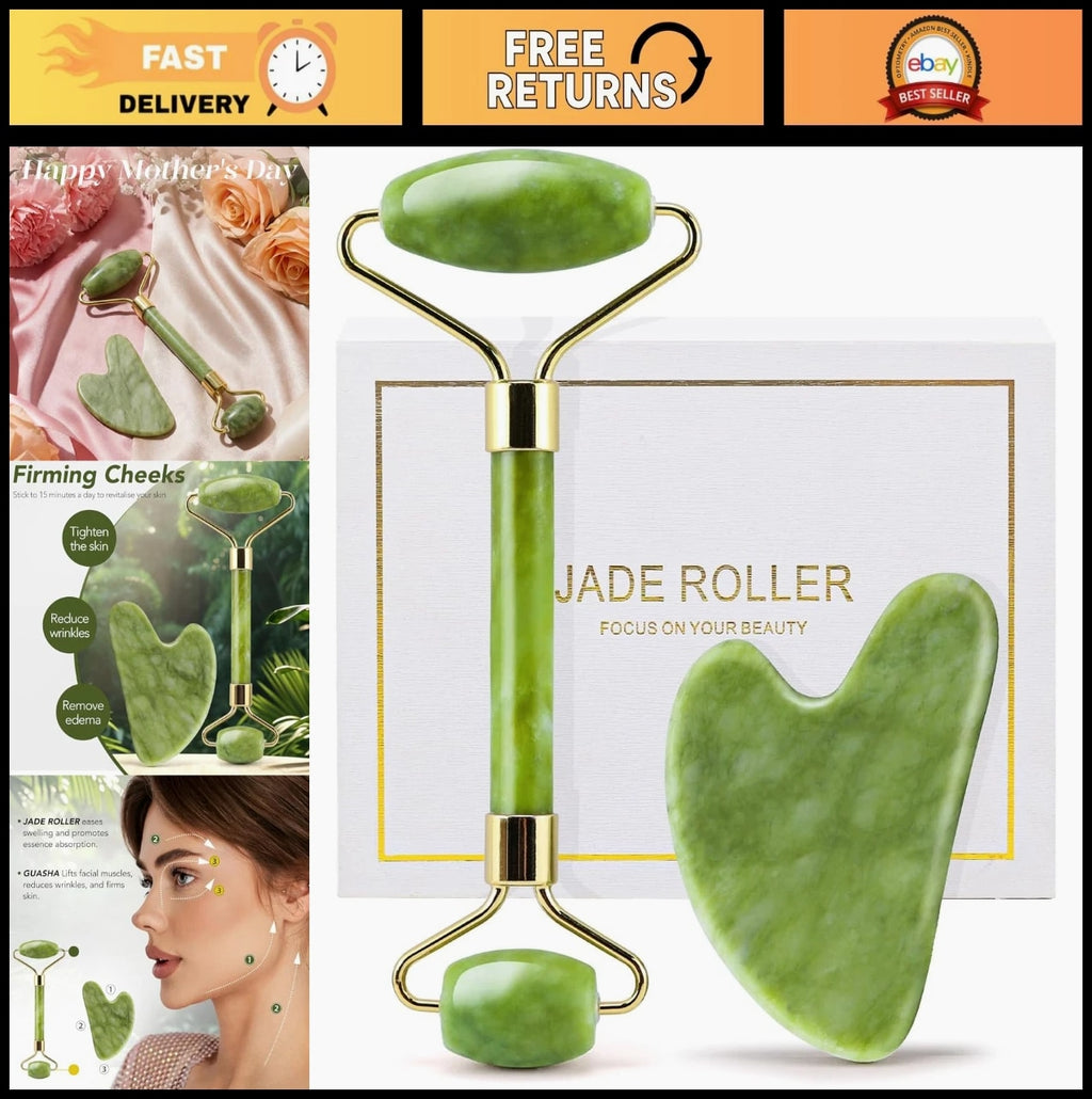 Jade Roller & Gua Sha Set for Face - Cooling, Firming, Sculpting Tool for Skin