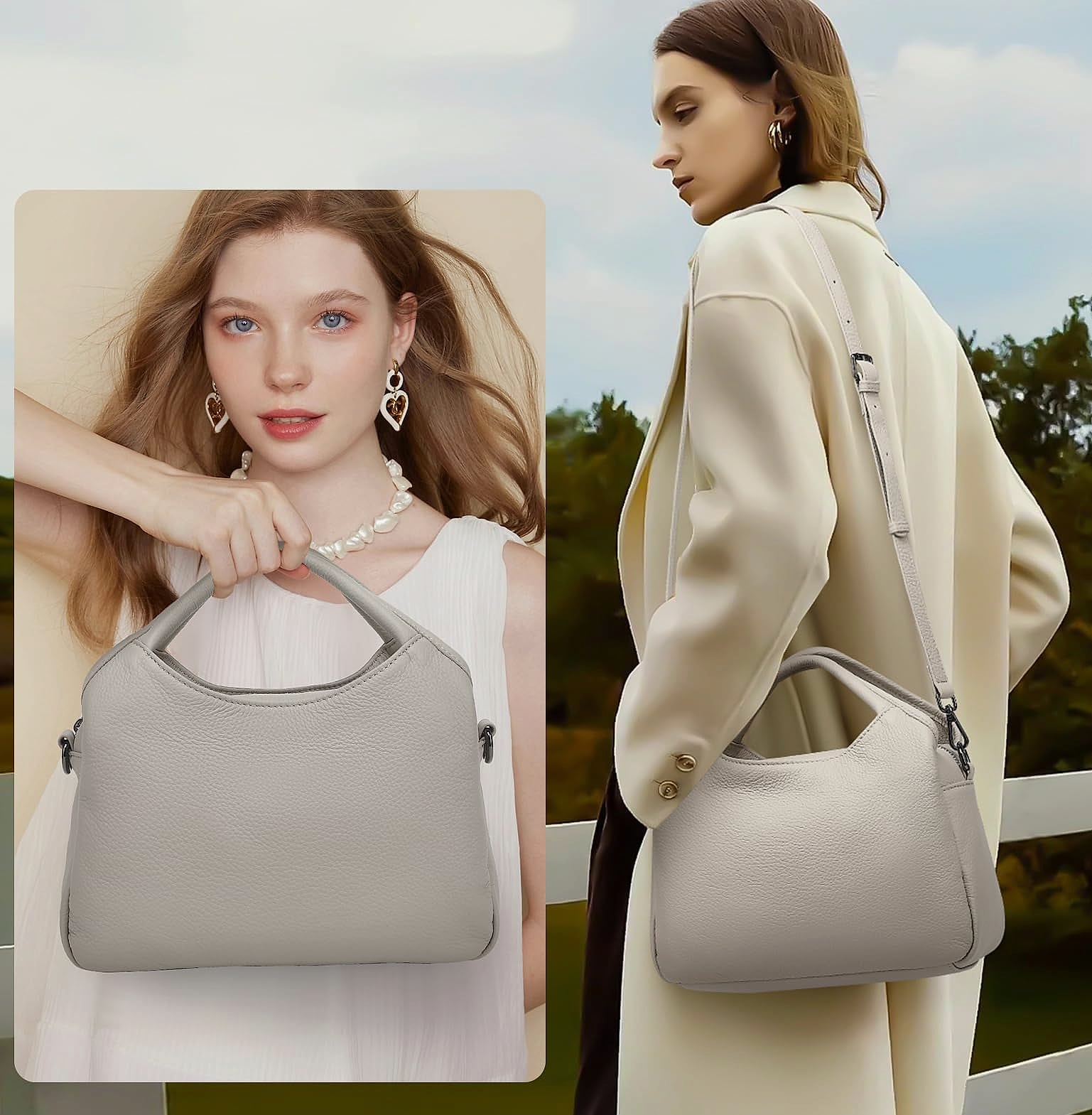 KOGTLA Medium Genuine Leather Handbag with Detachable Satchel Strap