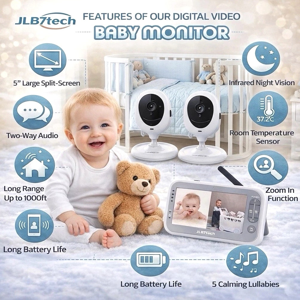 Digital Baby Monitor with 2 Cameras Split Screen Night Vision Two-Way Audio