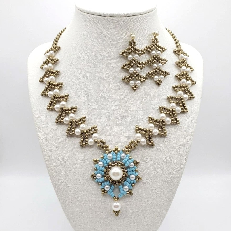 Vintage Brass Pearl Touch Class Earrings Craft Necklace Jewelry Set