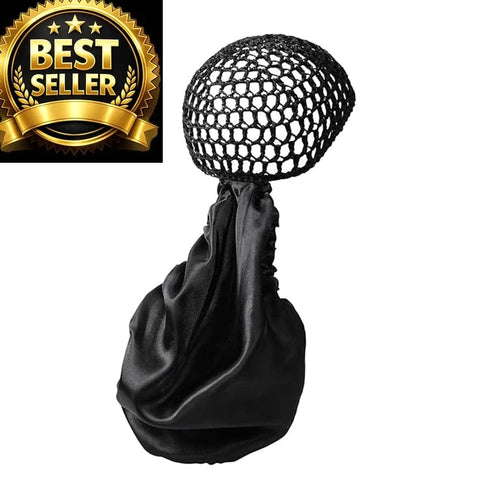 2 in 1 Wrap Cap Bonnet – Adjustable Hair Net & Scarf for Silk Press, Black