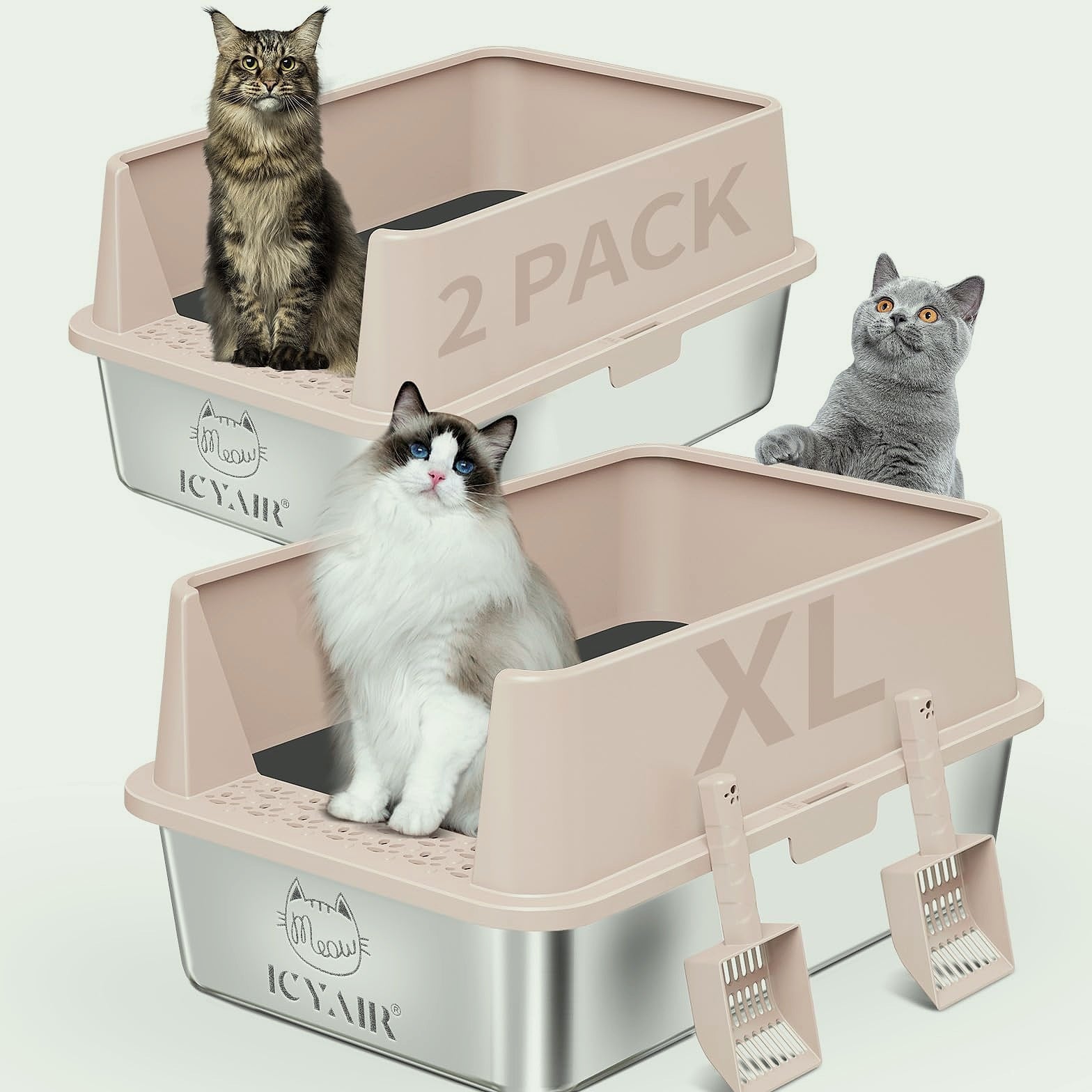 ICYAIR Stainless Steel Cat Litter Box 2-Pack, Extra Large