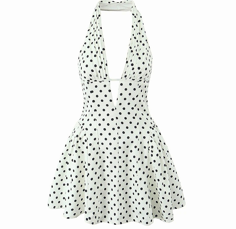 Yenkye French Style Polka Dot Halter Mini Dress