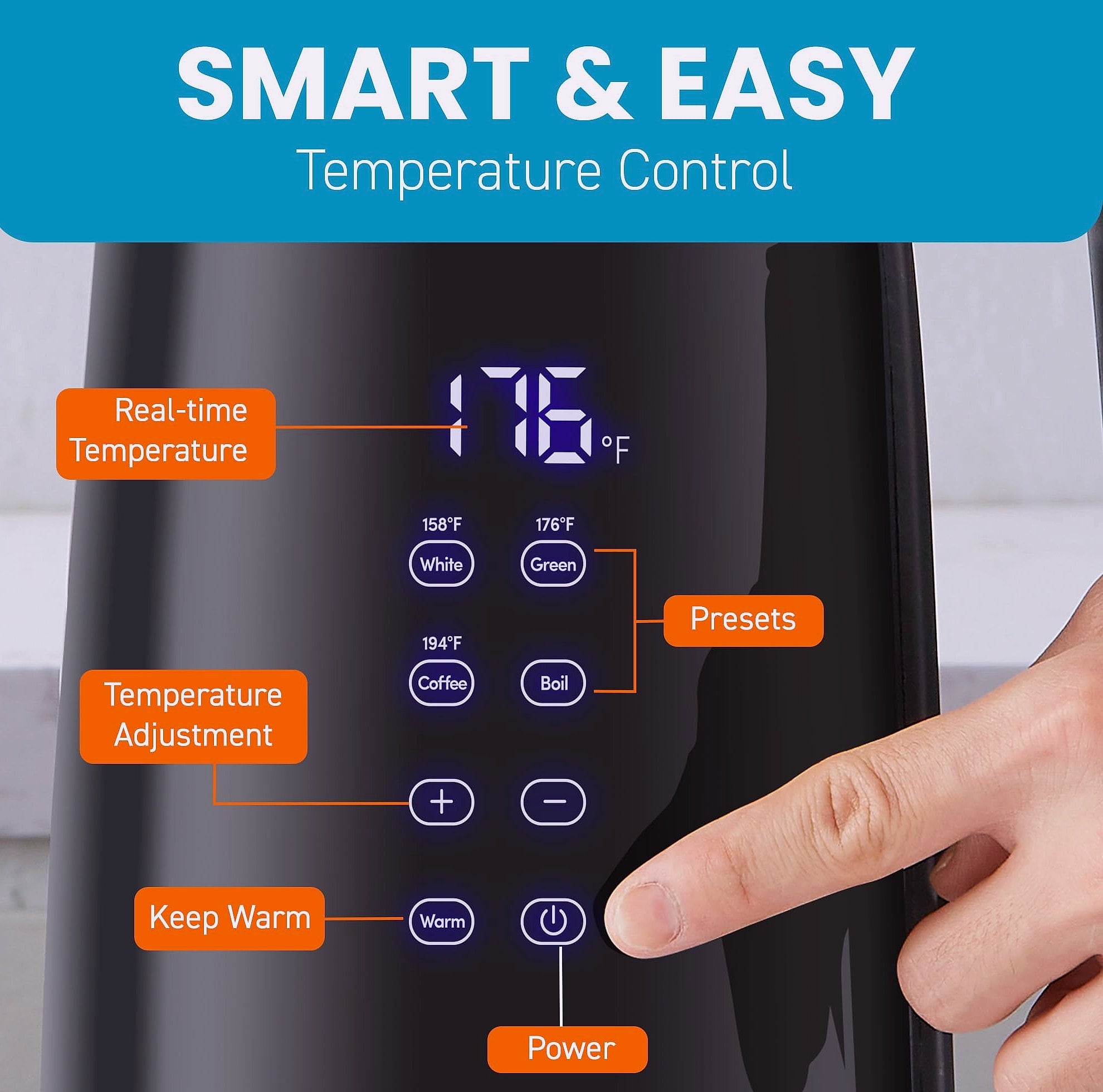 Elite Gourmet 1.7L Electric Tea Kettle with Digital Touchscreen