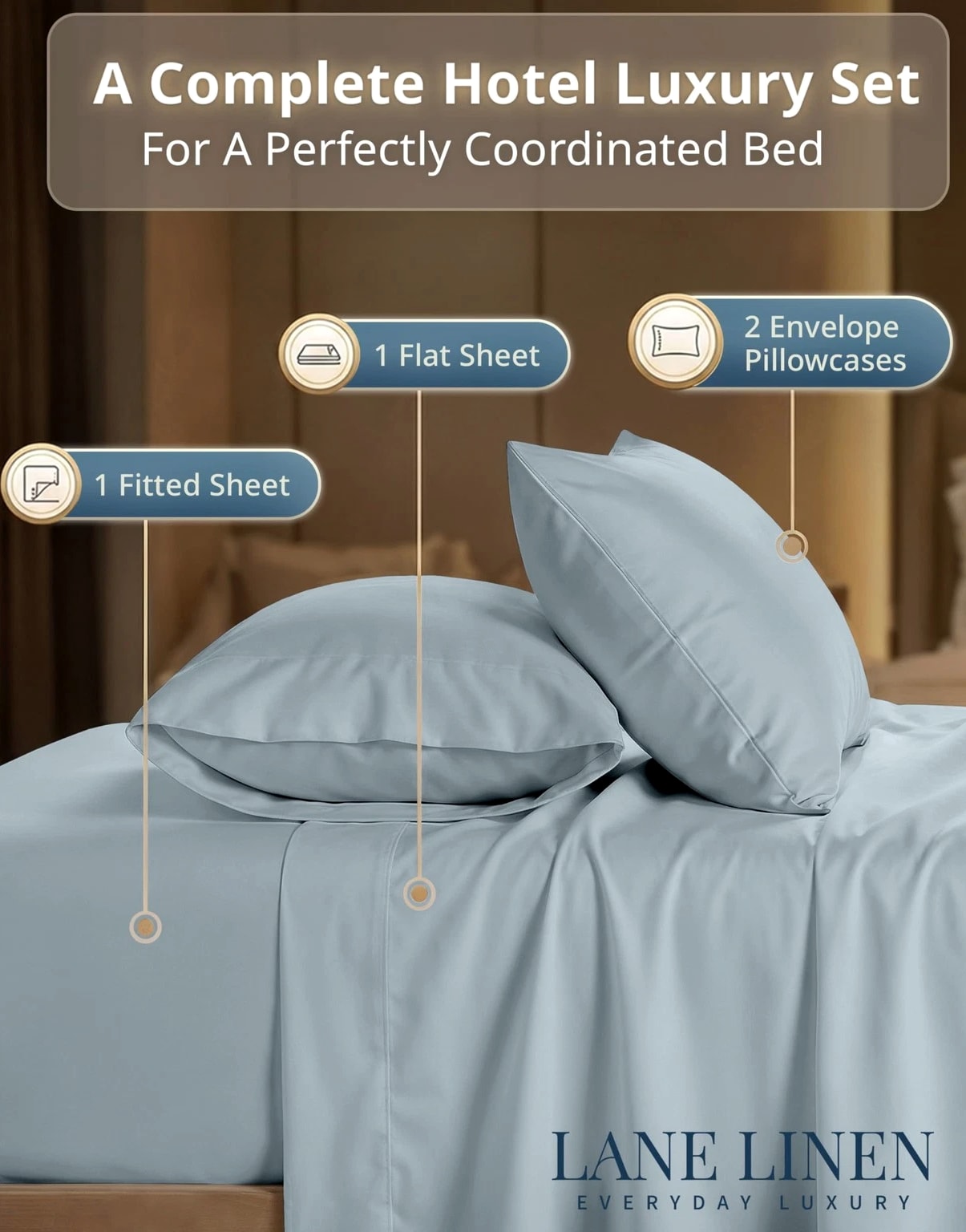 King Size Bed Sheets 600 Thread Count 100% Cotton Blue LANE LINEN Long-Staple