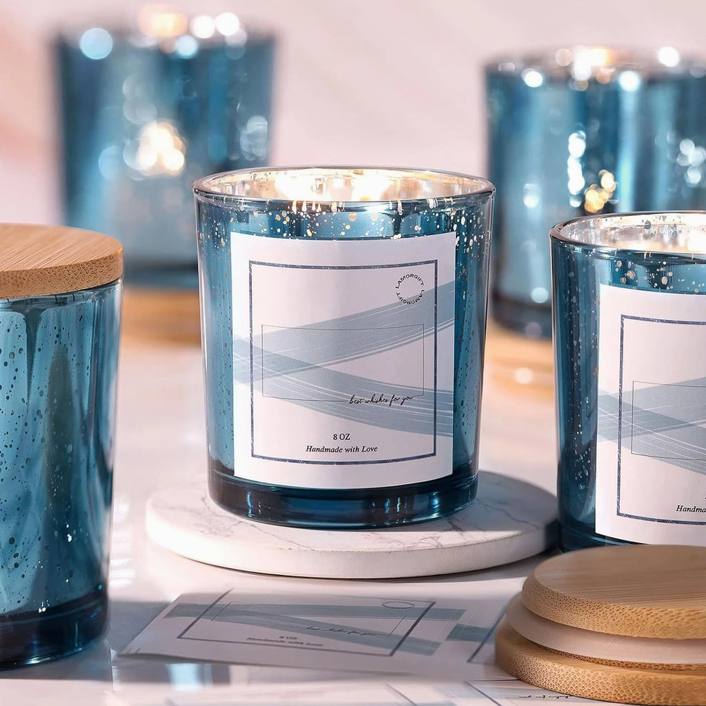 LAMORGIFT 15 Pack Glass Candle Jars with Lids (8Oz, Lake Blue) - Candle Making Containers