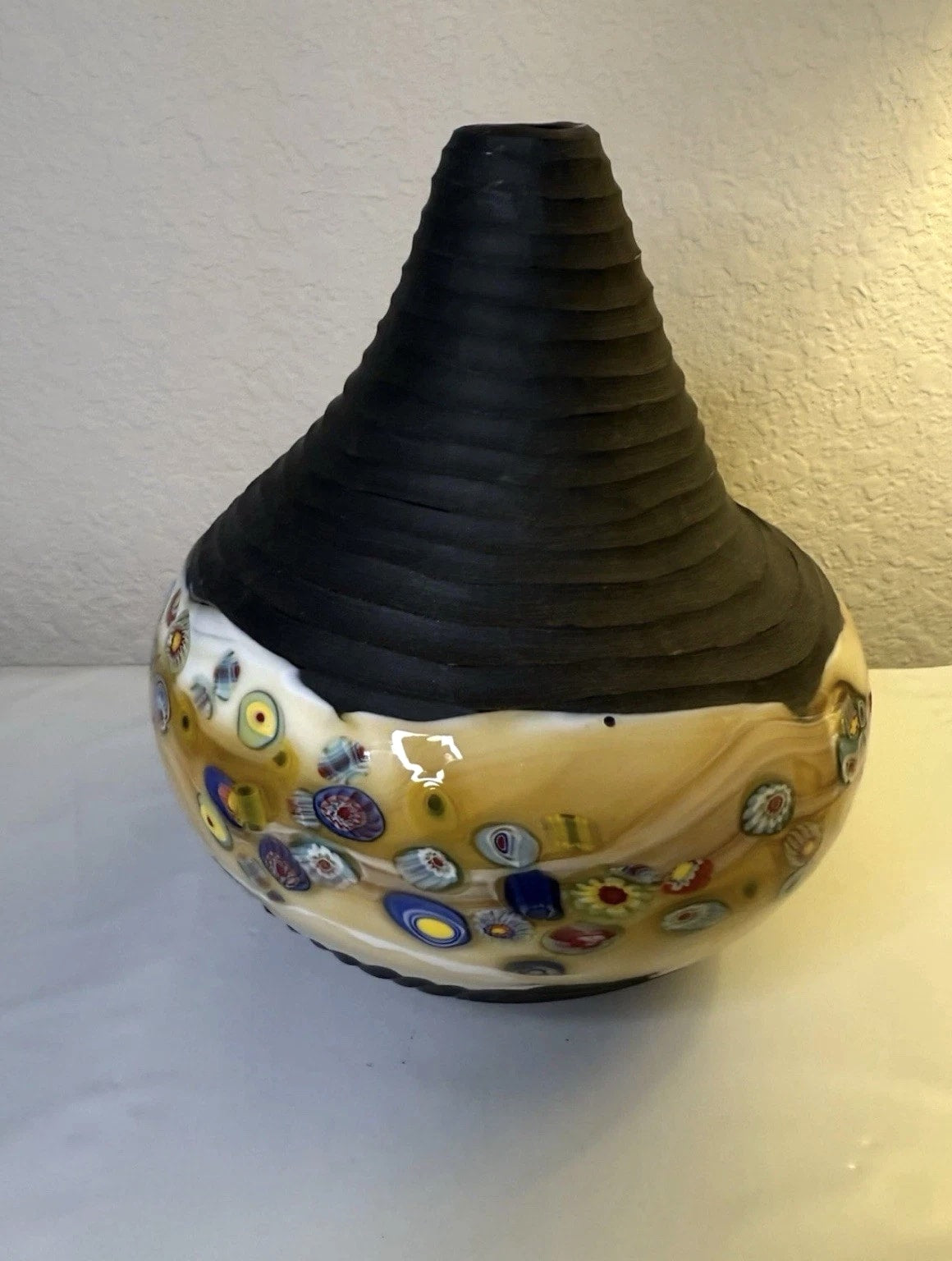 Stunning Yellow And Brown Pottery And Glass Millefiori Vase