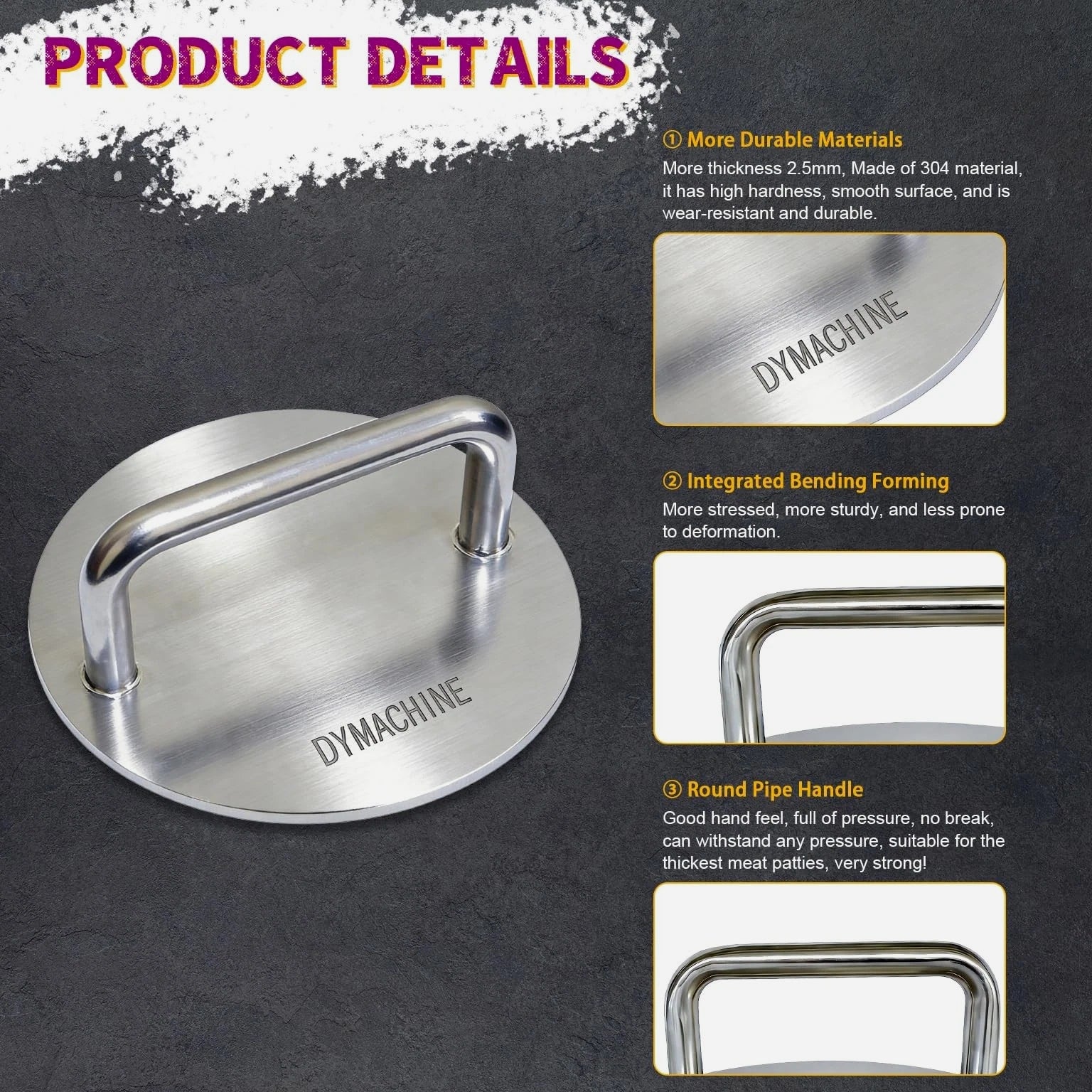 Smash Burger Press - 8.5 Inch Stainless Steel Hamburger Press, 2.5mm Thick Heavy Duty
