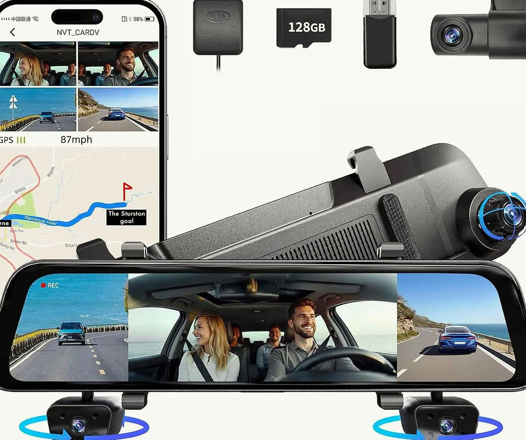 12 inch rear view mirror dash cam, 4 channel GPS WiFi