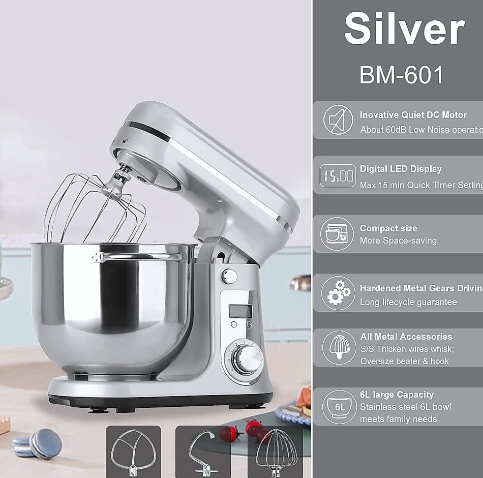 Biolomix 6L Stand Mixer, 1200W DC Motor, 6-Speed Dough Kneader