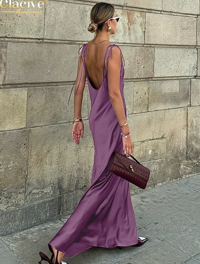 Clacive Brown Satin Floor Length Backless Dress