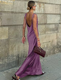 Clacive Brown Satin Floor Length Backless Dress