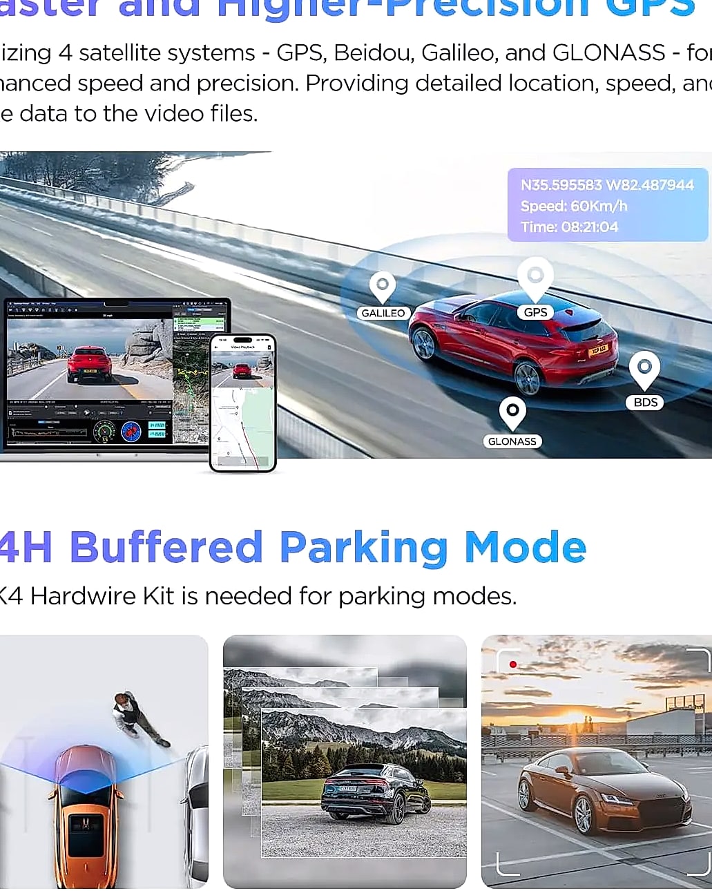 4K HDR Dual Dash Cam with Front and Rear Recording, GPS