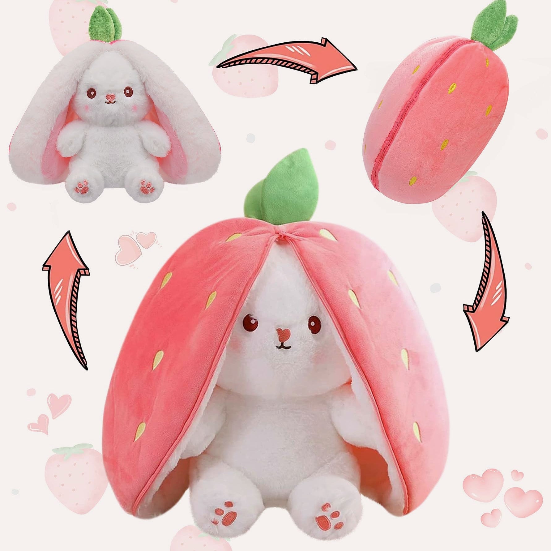 MIAODAM Reversible Strawberry Bunny Plush Toy, 7 inch