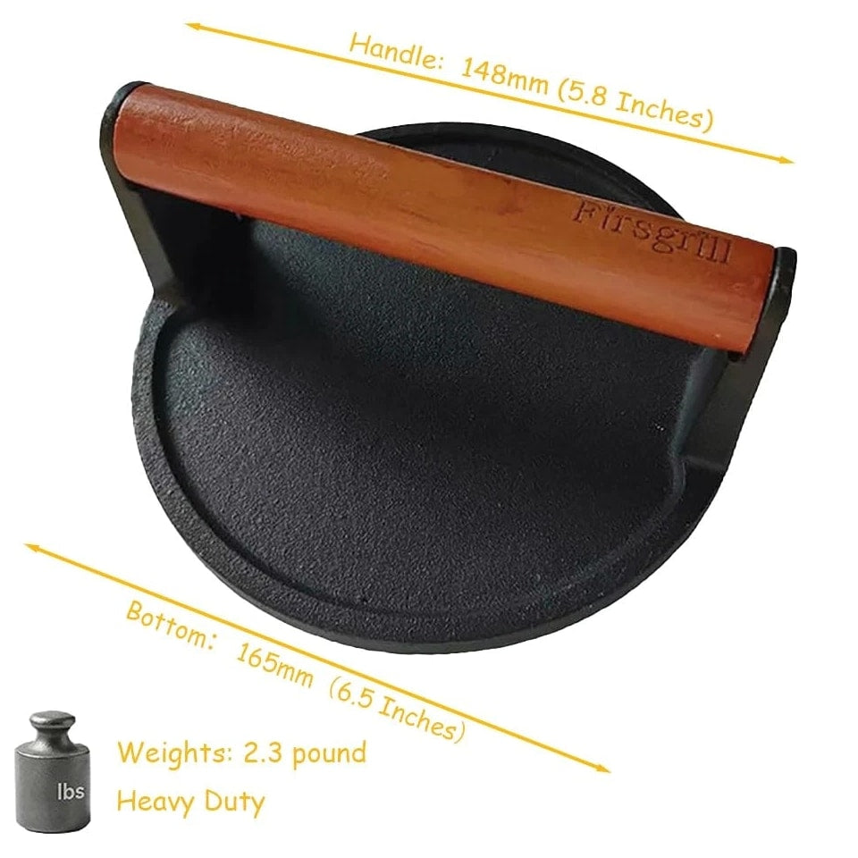 Burger Press 6.6" Round Heavy-Duty Cast Iron Smash Meat Steak with Wood Handl...