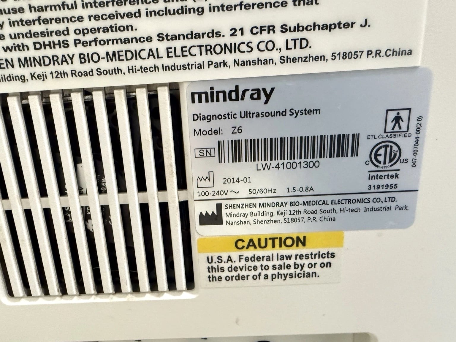 Mindray Z6 Ultrasound Machine w/ 2 Probes (7L4P & 3C5P) 2014 Color Doppler