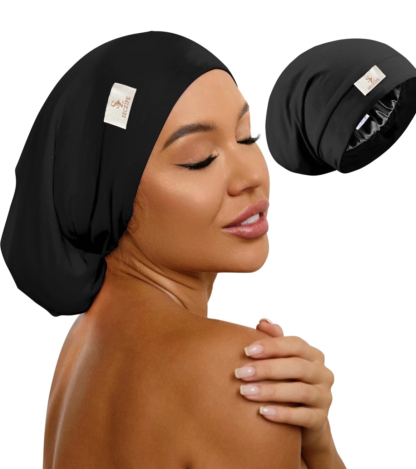 SECZIPE 100% Mulberry Silk Bonnet for Sleeping Curly Hair, One Size Black