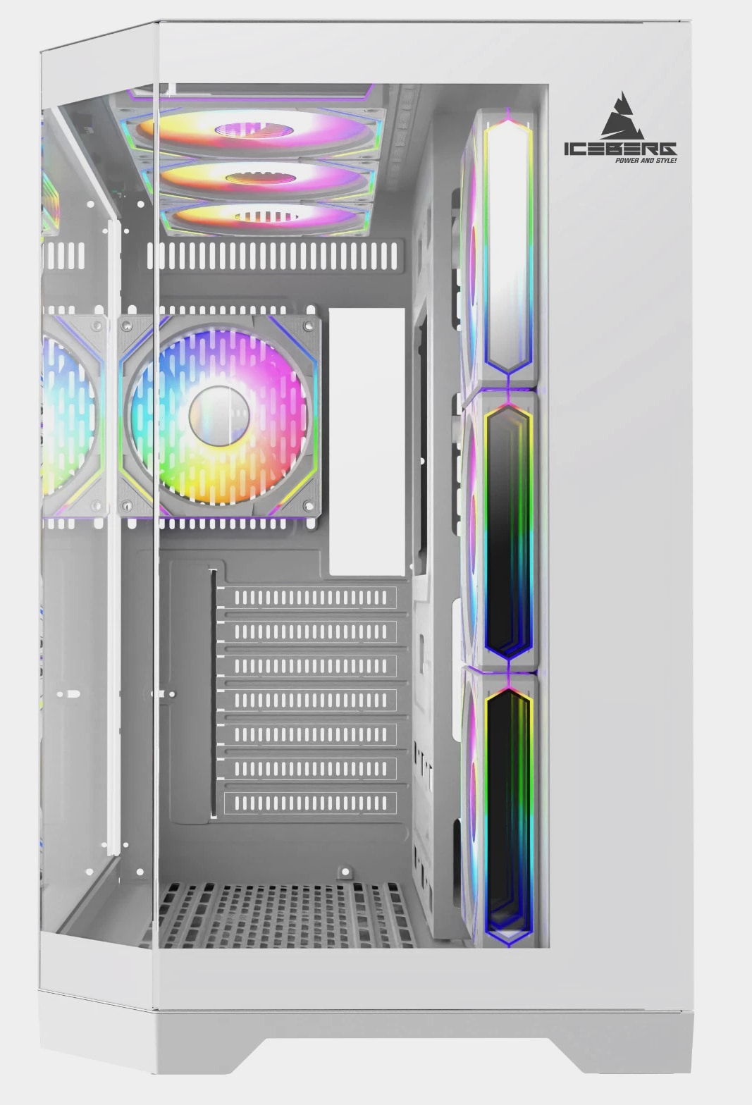 Iceberg Gaming PC Case Crystal Edge White Three Tempered Glass and seven fans