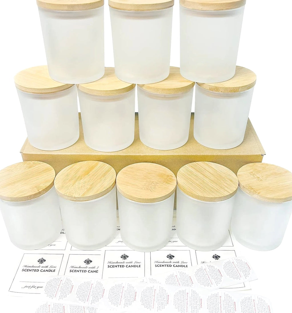CONNOO 12 Pack 10 Oz Frosted Glass Candle Jars with Bamboo Lids for Candle Making