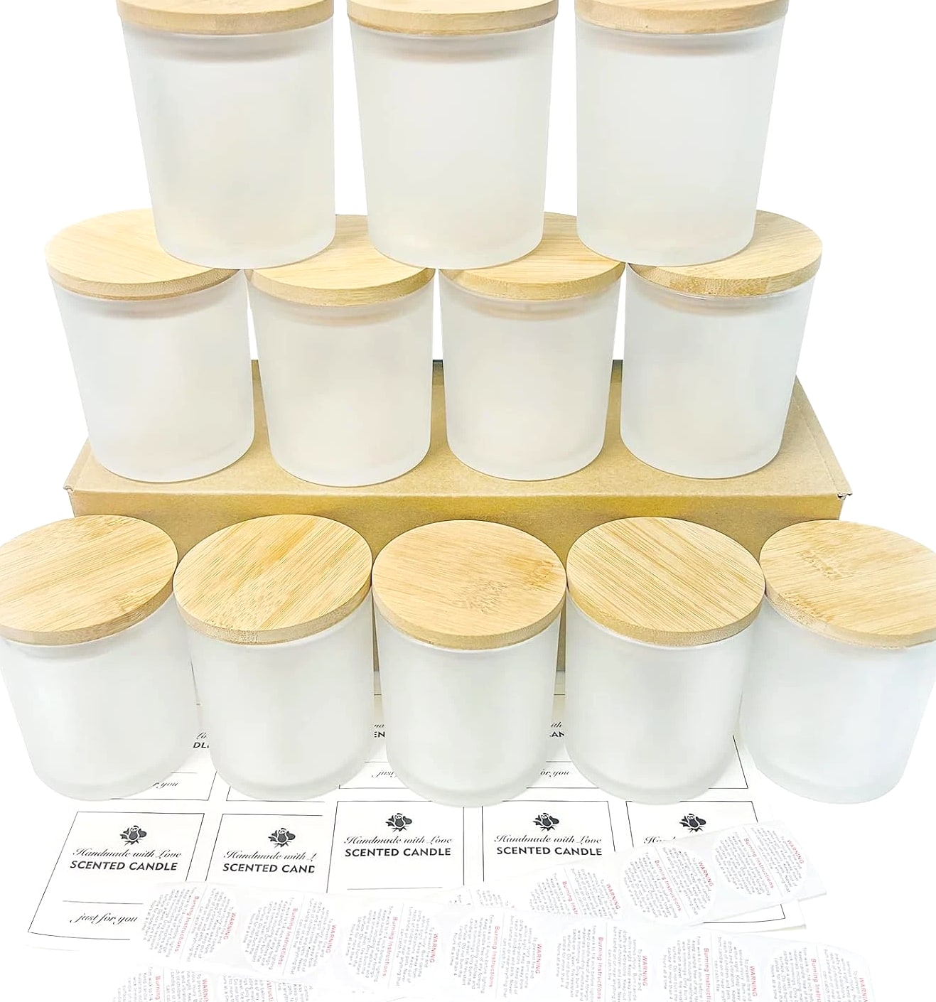 CONNOO 12 Pack 10 Oz Frosted Glass Candle Jars with Bamboo Lids for Candle Making