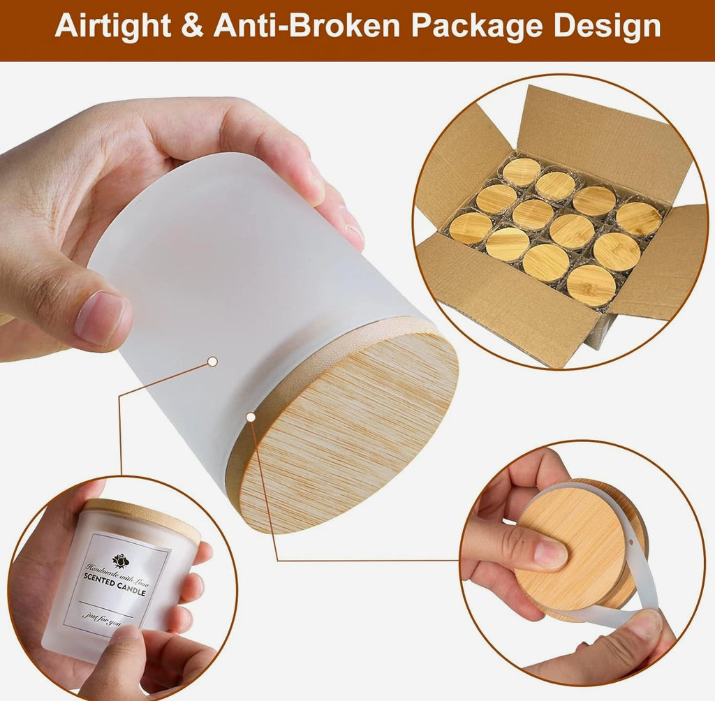 CONNOO 12 Pack 10 Oz Frosted Glass Candle Jars with Bamboo Lids for Candle Making