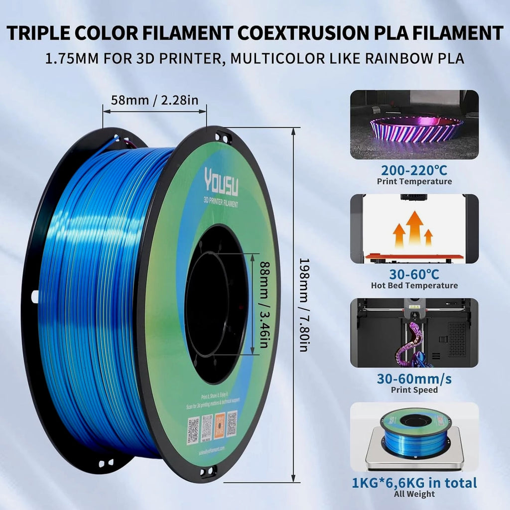 3D Printer Filament Silk PLA - Rainbow Color, 1.75Mm Tri-Color Filament 6 Pack
