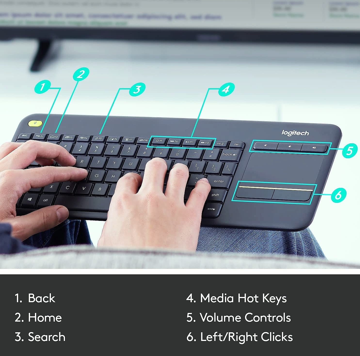 Logitech K400 Plus Wireless Touch TV Keyboard with Easy Media Control and Built-in Touchpad, HTPC Keyboard for PC-Connected TV, Windows, Android, ChromeOS, Laptop, Tablet - Black