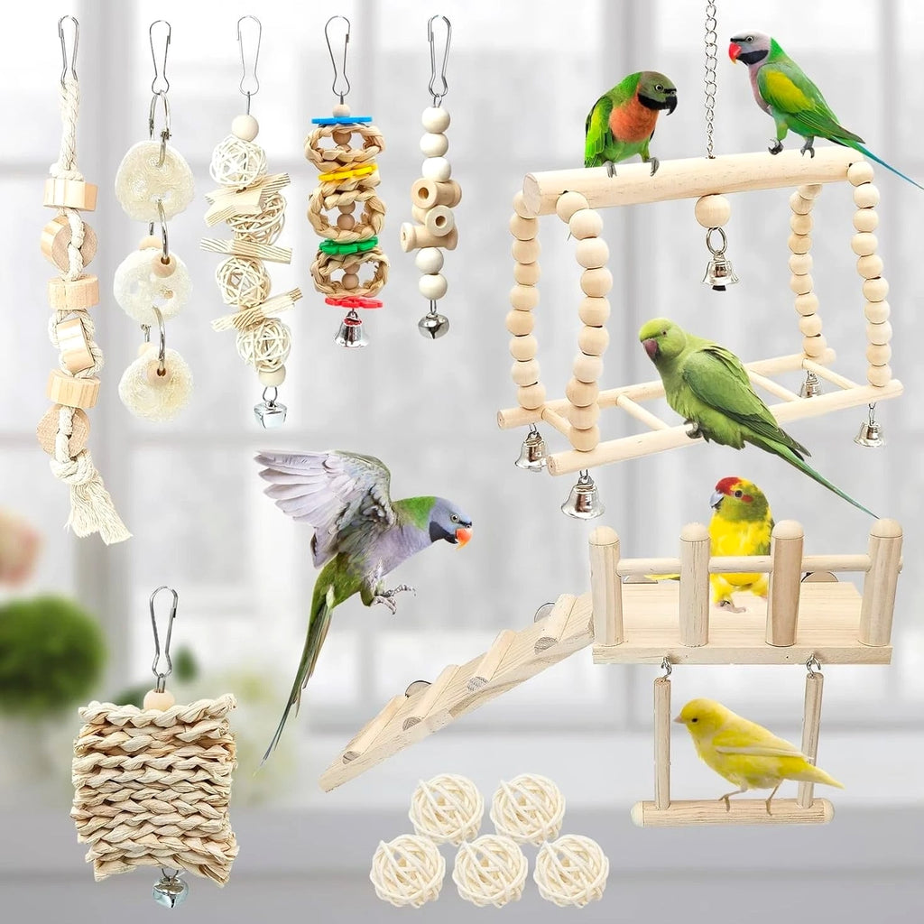 13PCS Hanging Bird Toys Set with Perches and Chew Toys - Perfect for Parakeets