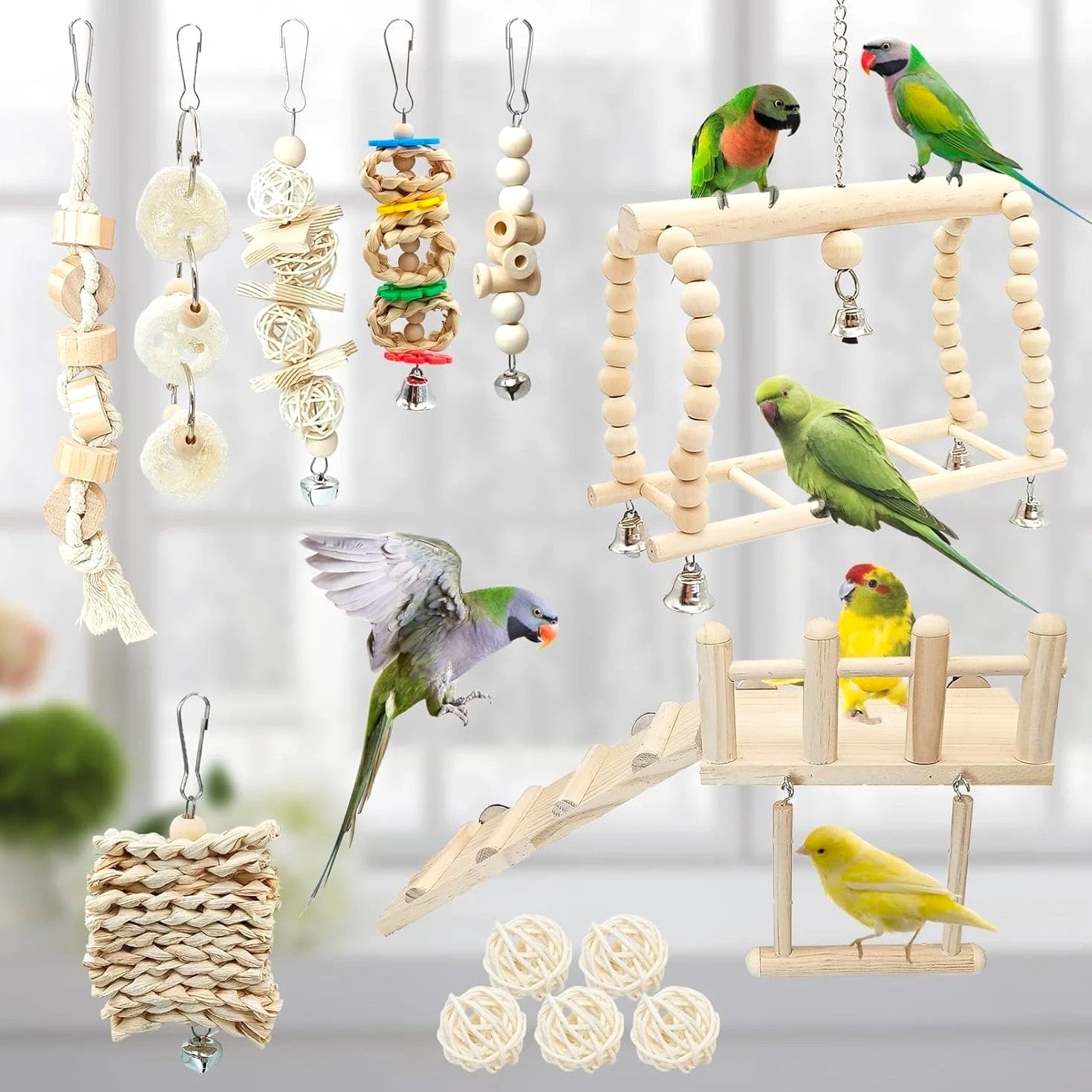 13PCS Hanging Bird Toys Set with Perches and Chew Toys - Perfect for Parakeets