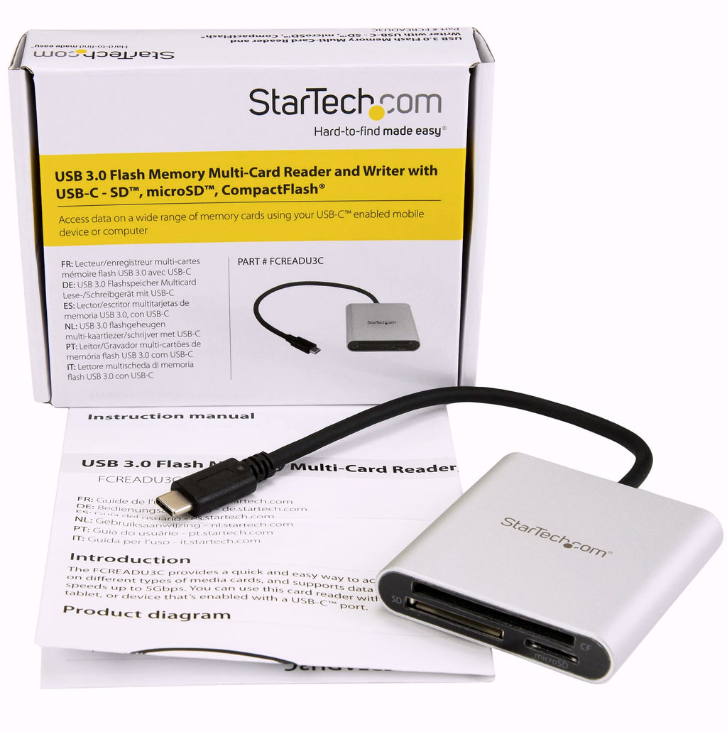 StarTech.com USB 3.0 Flash Memory Multi-Card Reader/Writer with USB-C - SD microSD and CompactFlash Card Reader w/ Integrated USB-C Cable (FCREADU3C)