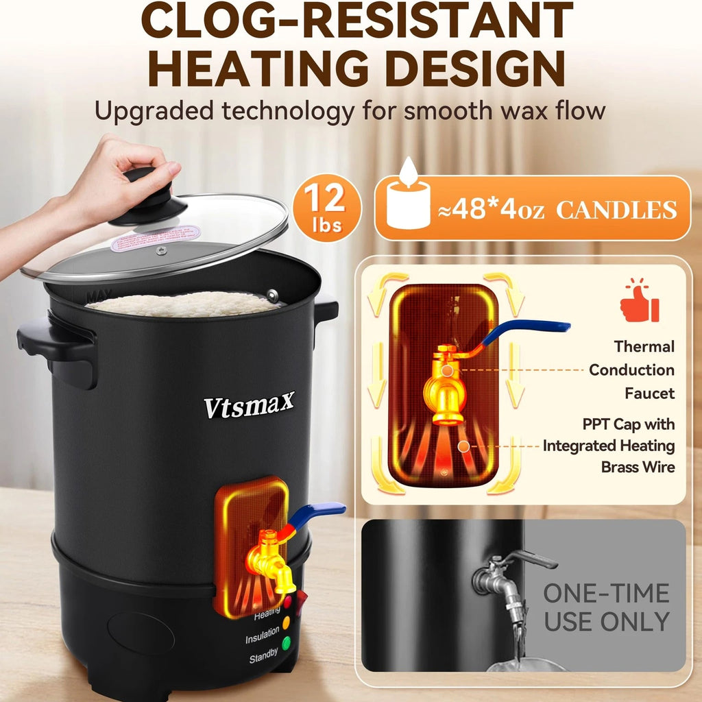 Vtsmax 12Lbs Wax Melter for Candle Making Pot, Temp Control and No-Clog -S