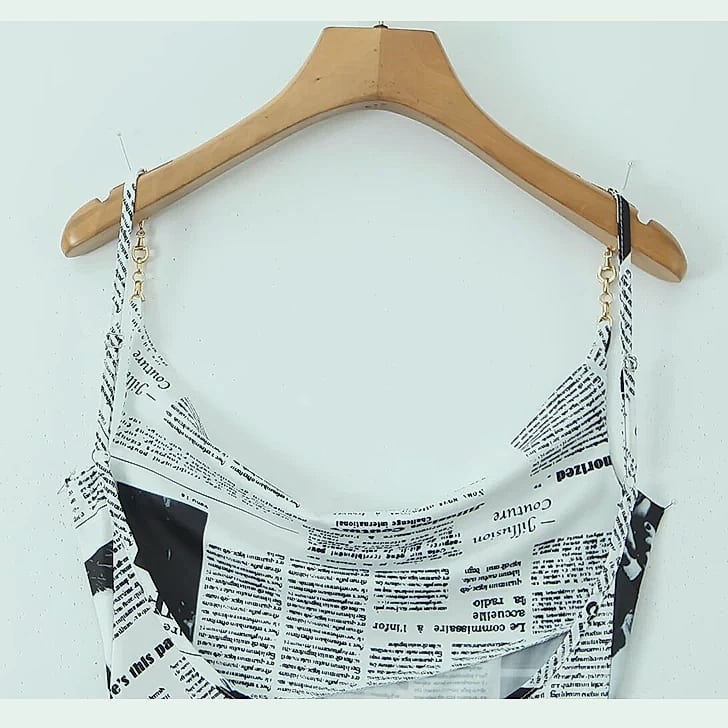 Yenkye Newspaper Print Sling Dress with Backless Chain Straps