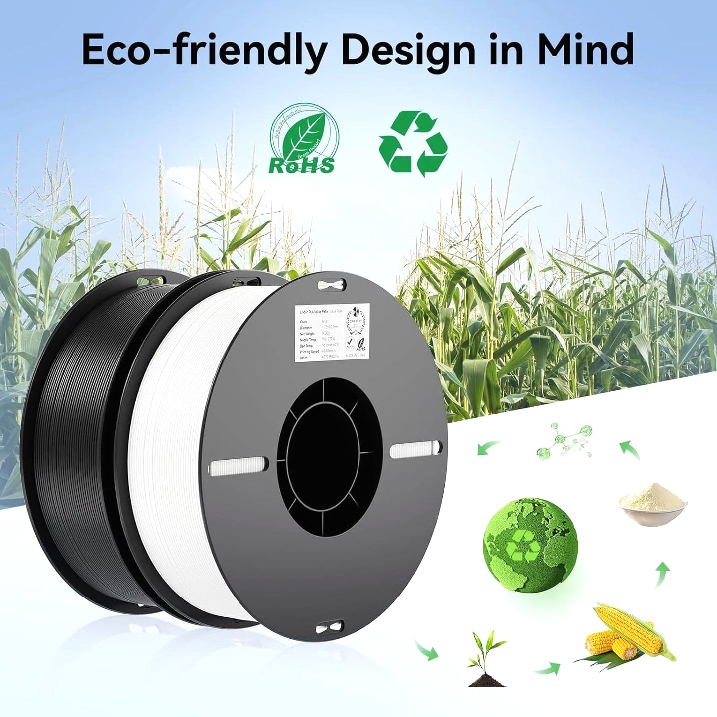 2Kg Black & White PLA 1.75Mm Filament Bundle for 3D Printing with No-Tangle Sp