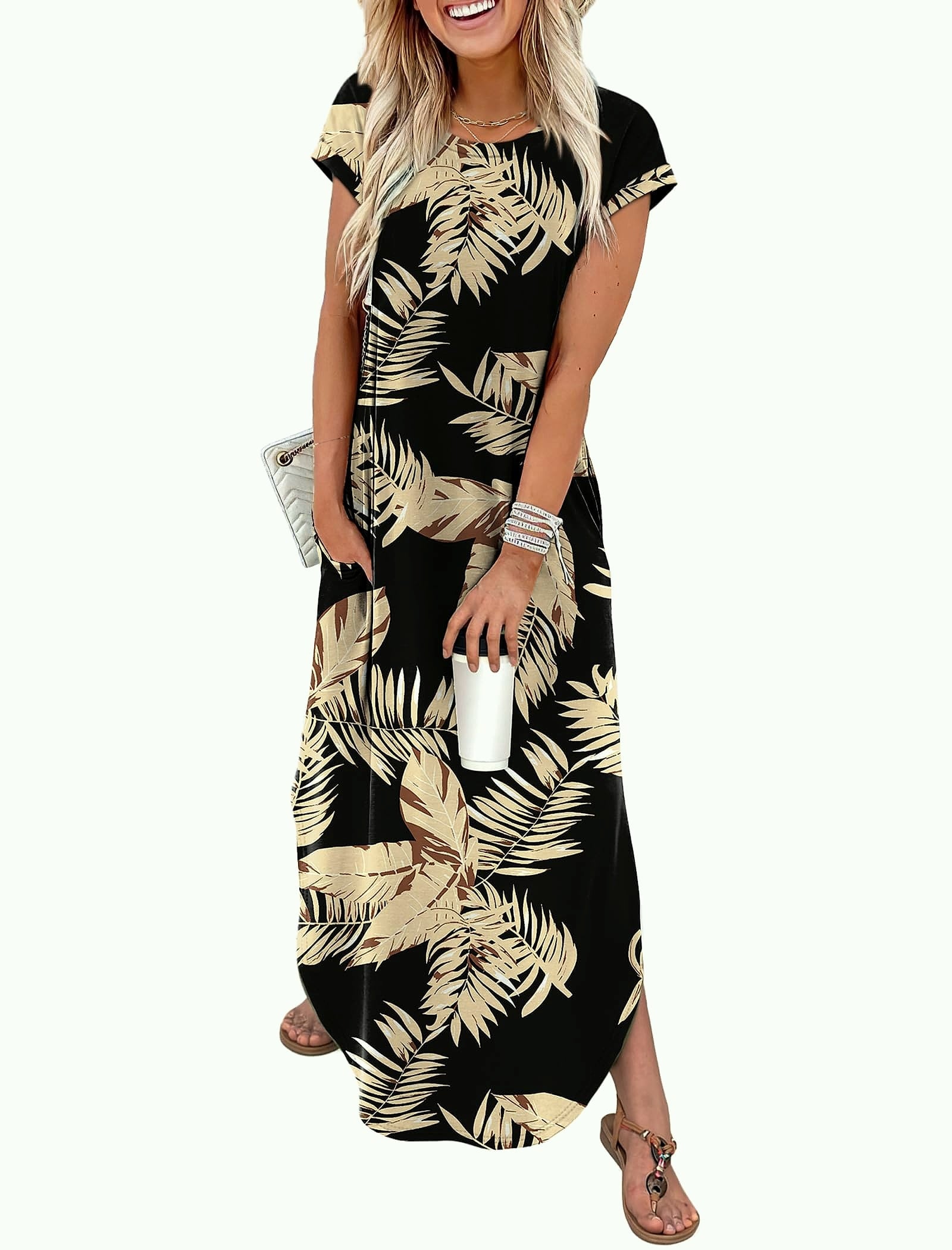 WIHOLL Summer Maxi Dress Cap Sleeve Crewneck with Pockets