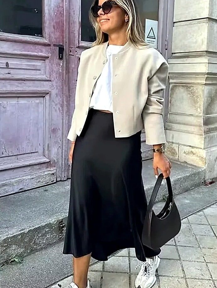MUJER Woman 2026 Satin Midi Skirt High Waist Black